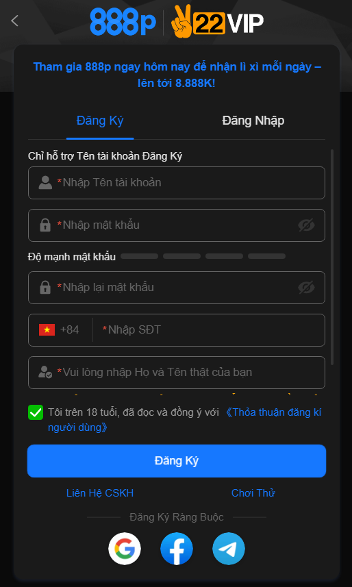 Đăng ký tài khoản chưa đầy 1 phút để bắt đầu chơi
